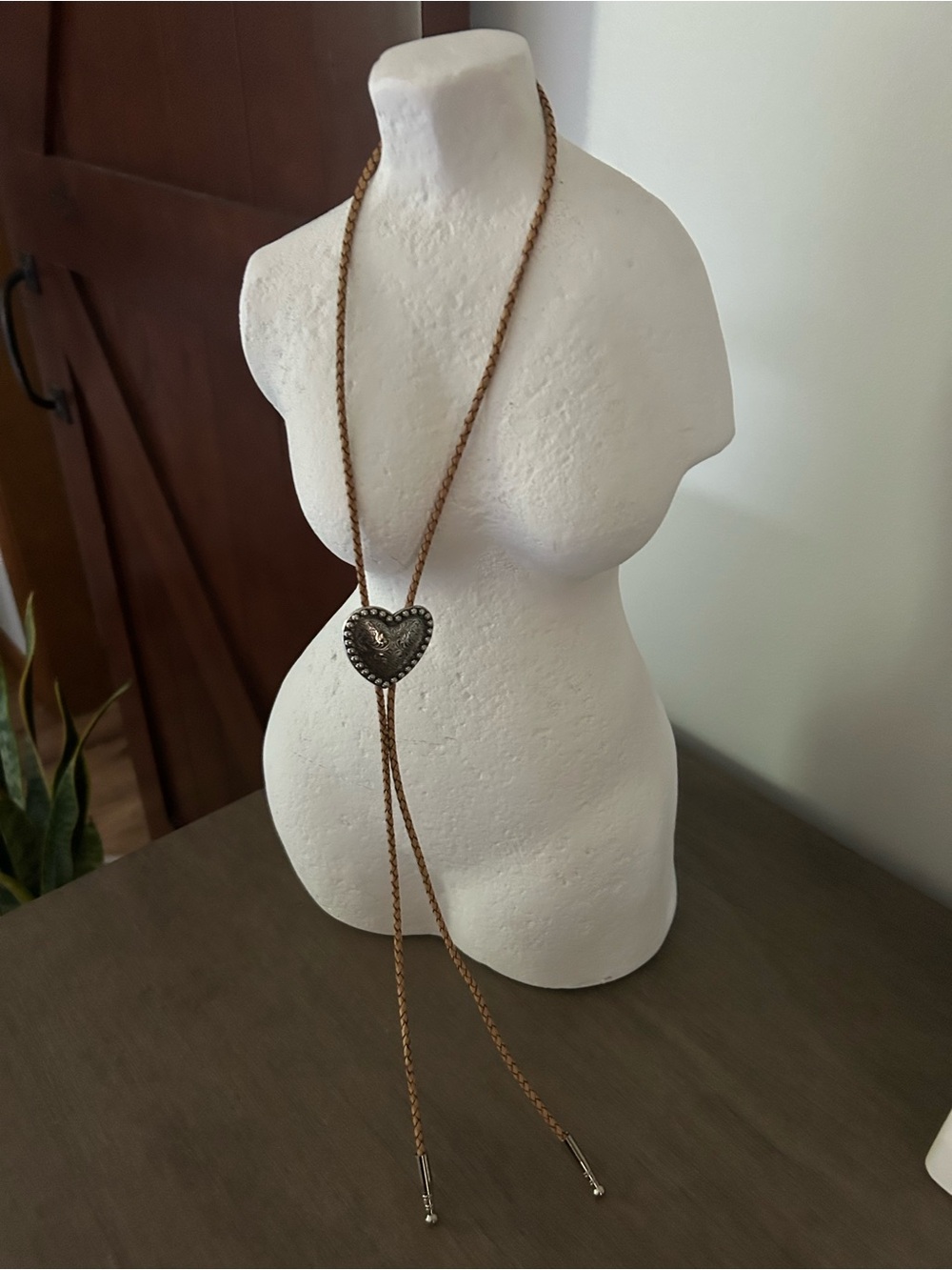 Braided Brown Lariat Necklace with Silver Heart Slide